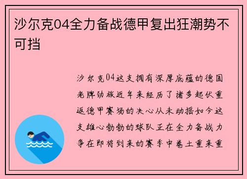 沙尔克04全力备战德甲复出狂潮势不可挡